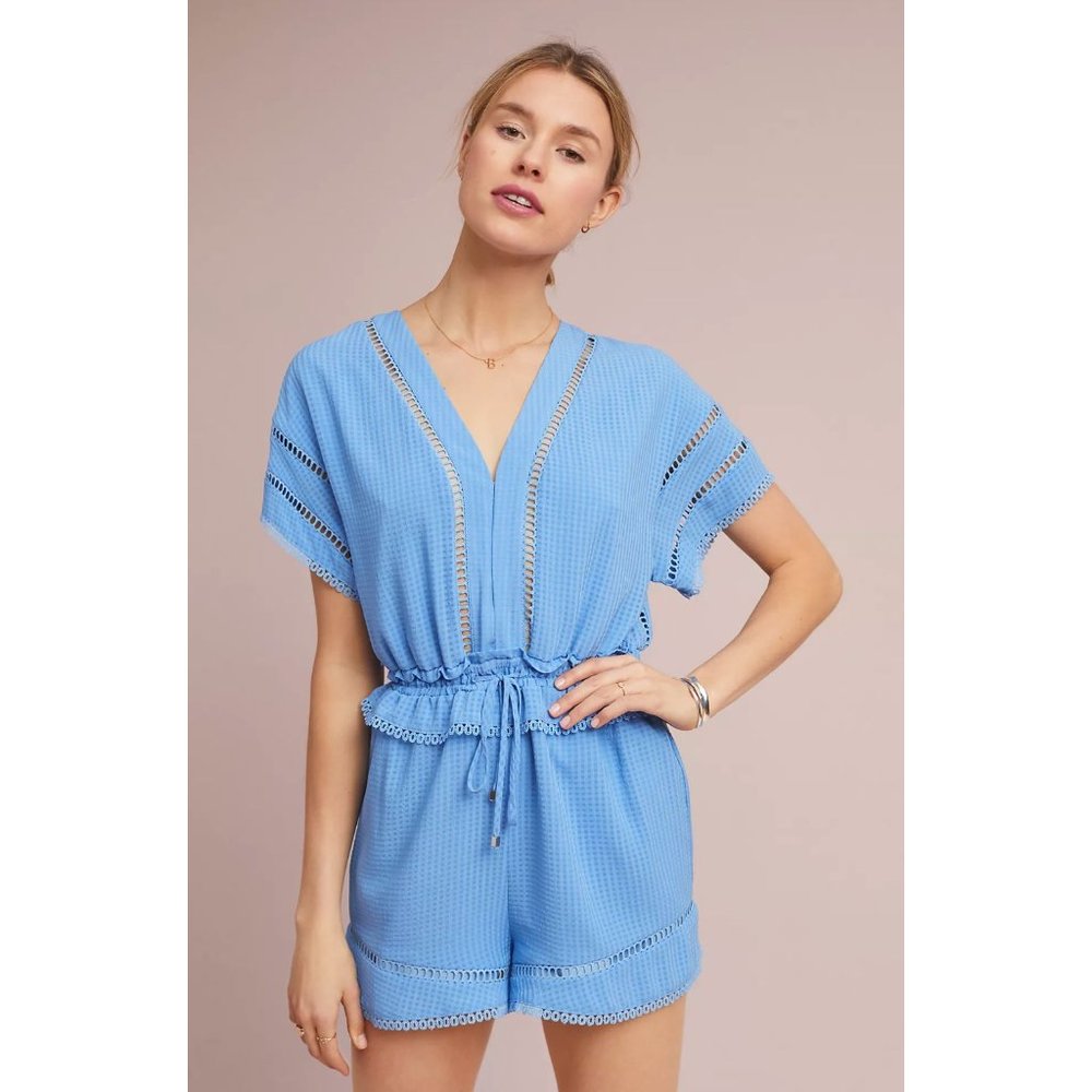 Anthropologie Adelyn Rae Cassie Paperbag-Waisted Romper Blue Short Sleeve